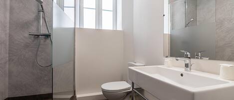 A modern bathroom with a glass-enclosed shower, a white toilet, and a large sink with a mirror.