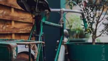 A close-up of a green bicycle with a worn seat and handlebars, leaning against a wooden fence.