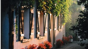 Un edificio con ventanas verticales y un camino bordeado de flores rojas.