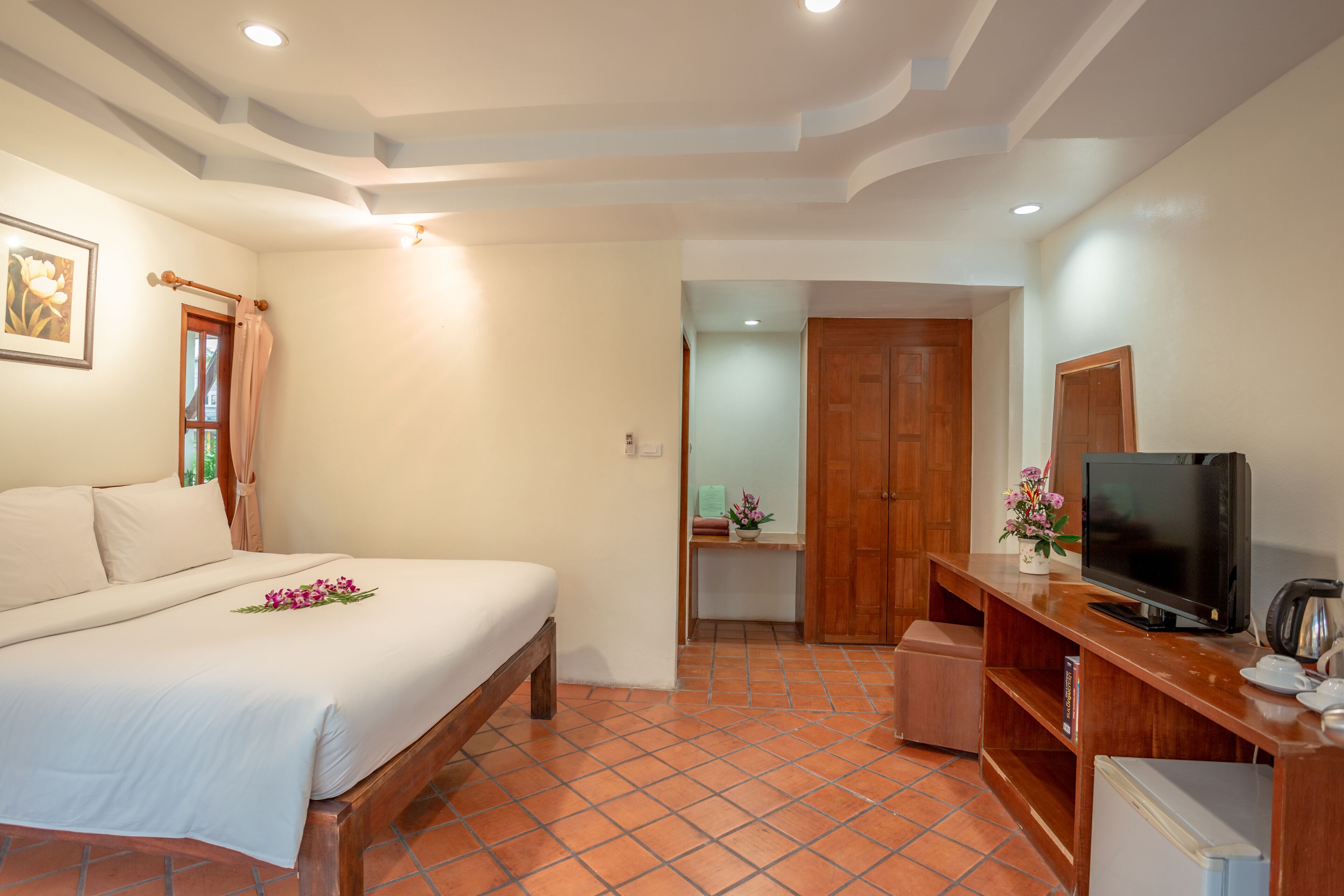 Un dormitorio con una cama, televisión, una mesita con una planta y una puerta de madera.