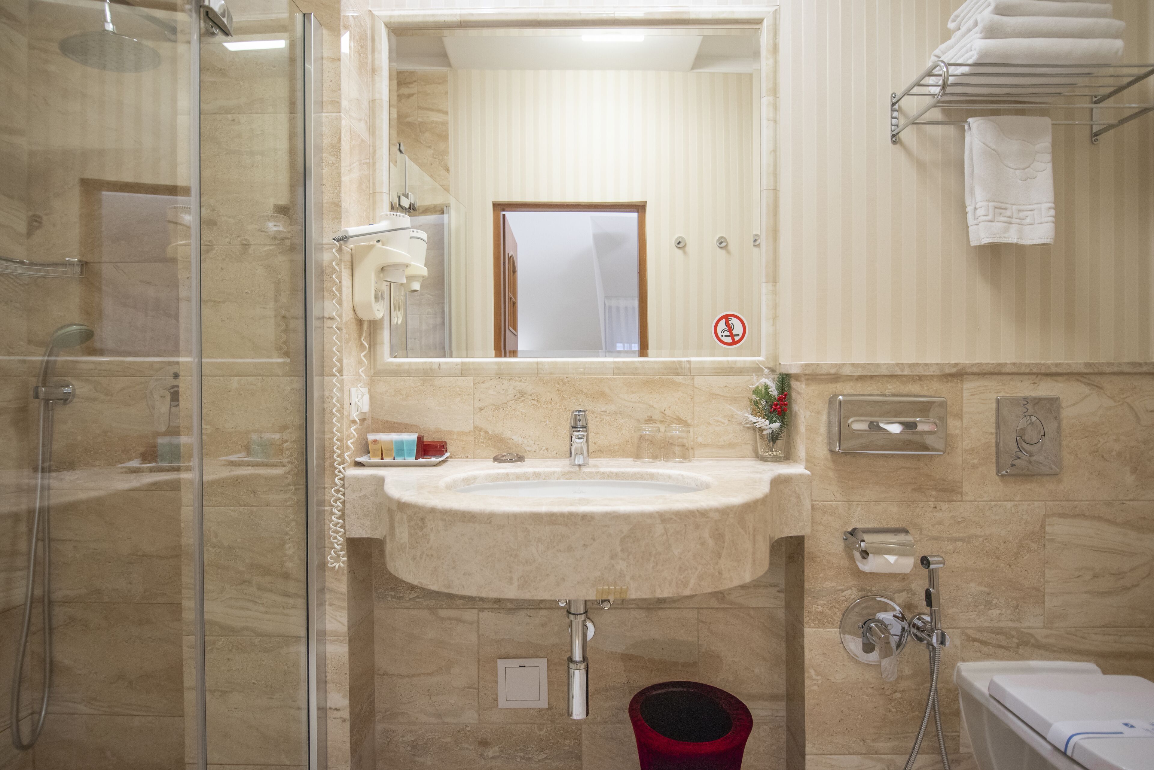 A bathroom with a glass-enclosed shower, a sink with a mirror above it, and a toilet.