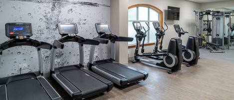 A gym with treadmills, elliptical machines, and weight equipment.