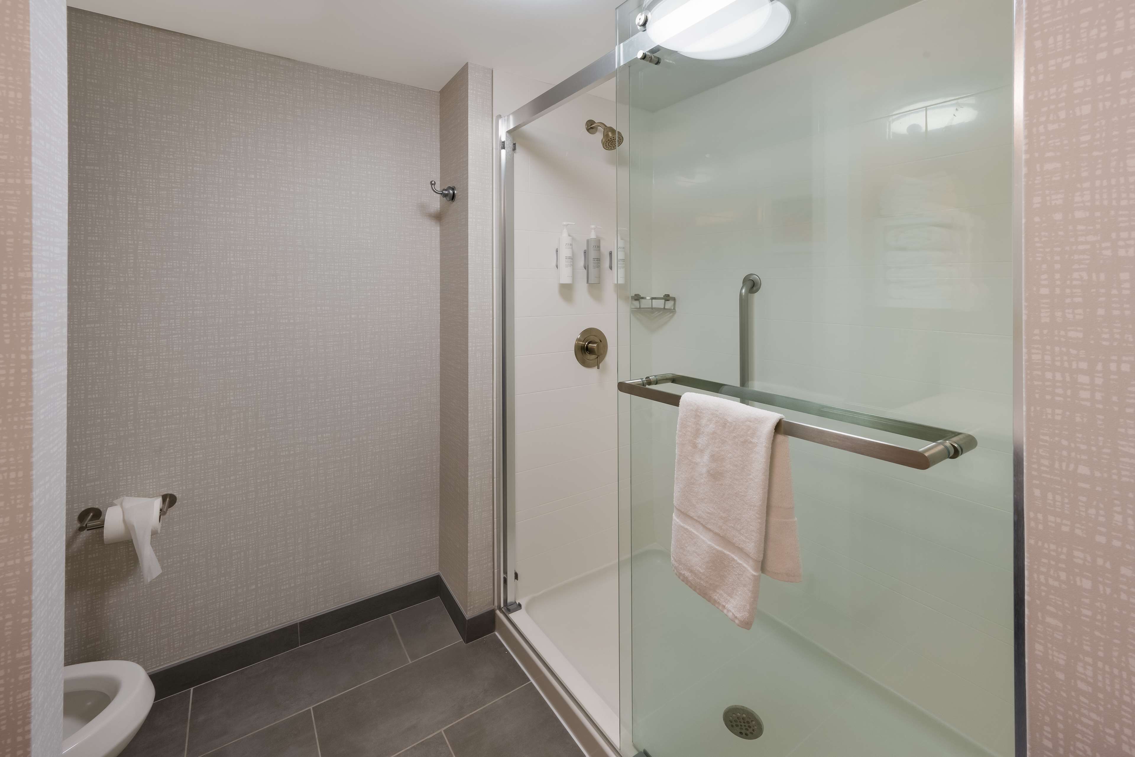 A bathroom with a glass-enclosed shower, a toilet, and a towel rack.