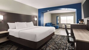 Quarto de hotel com uma cama grande, uma escrivaninha, uma cadeira, um sofá e uma janela.