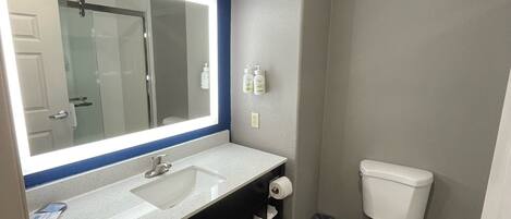 A bathroom with a white sink, a large mirror, and a toilet.