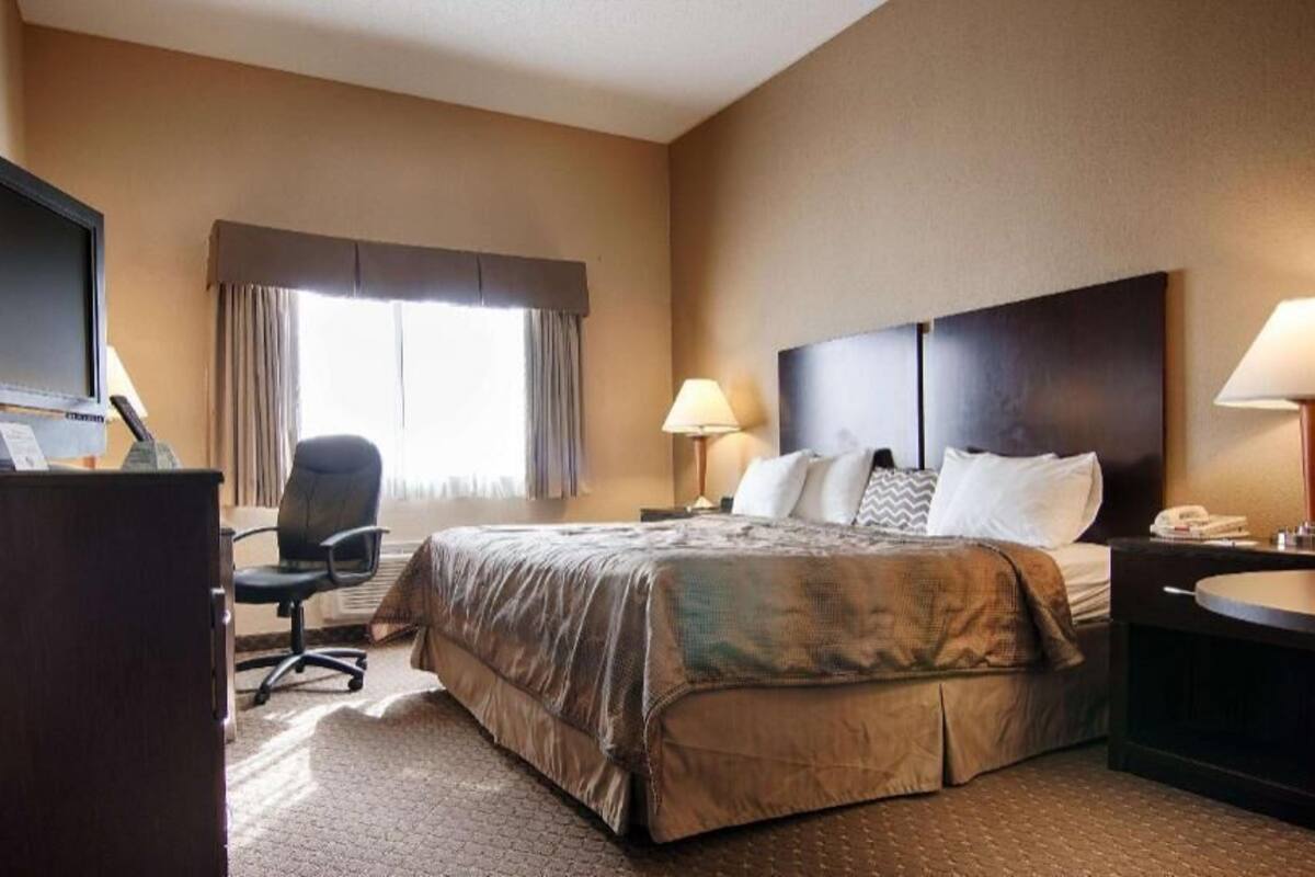 A hotel room with a bed, desk, chair, TV, lamps, and a window.