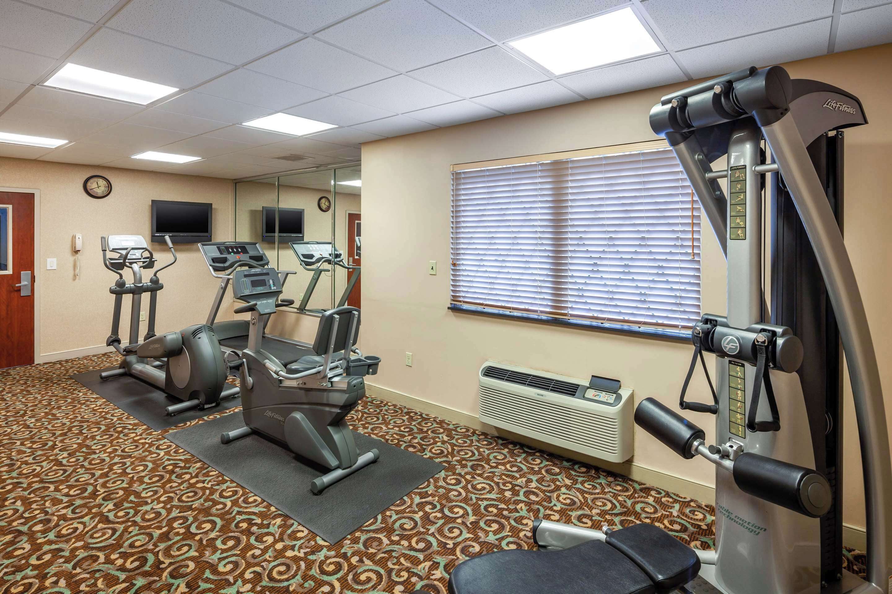 A fitness center with treadmills, elliptical machines, and a weight machine.