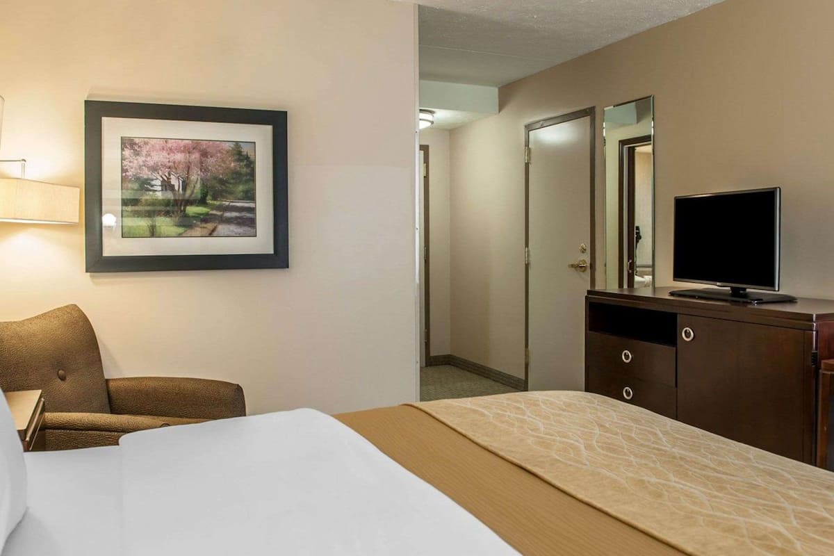 A hotel room with a bed, a chair, a dresser, a television, and a framed picture on the wall.