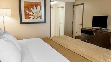 Una habitación de hotel con una cama, un televisor en una cómoda, un cuadro en la pared y una puerta que da a otra habitación.