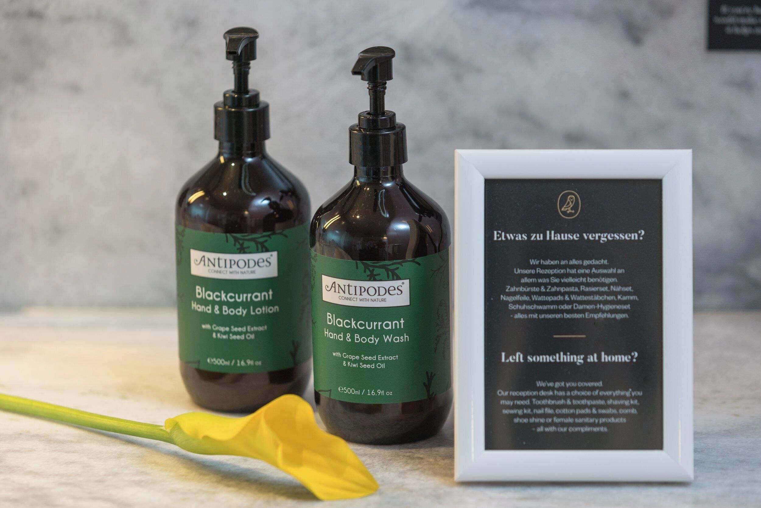 Two bottles of Antipodes Blackcurrant Hand & Body Lotion and a framed sign with text.