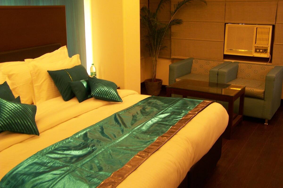 A hotel room with a bed, a sofa, a potted plant, and a wall-mounted radio.