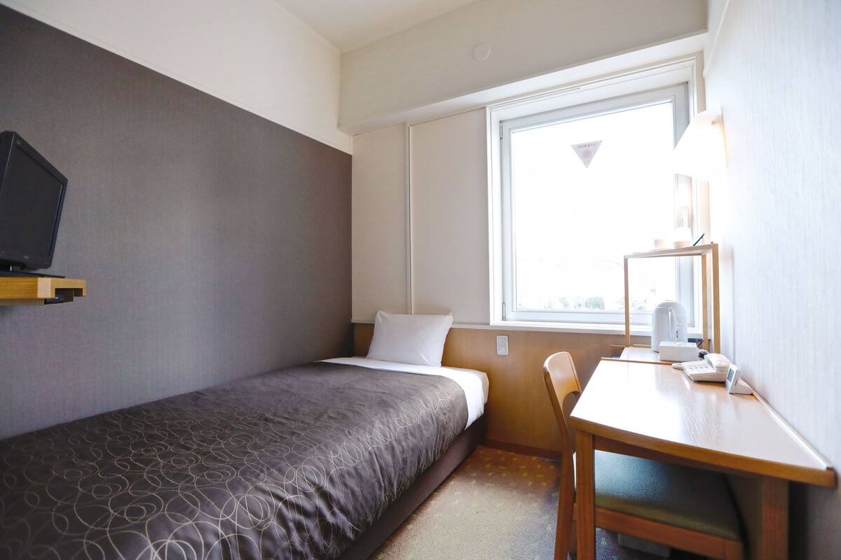 A compact hotel room with a single bed, a small desk, a chair, a television, and a window providing natural light.