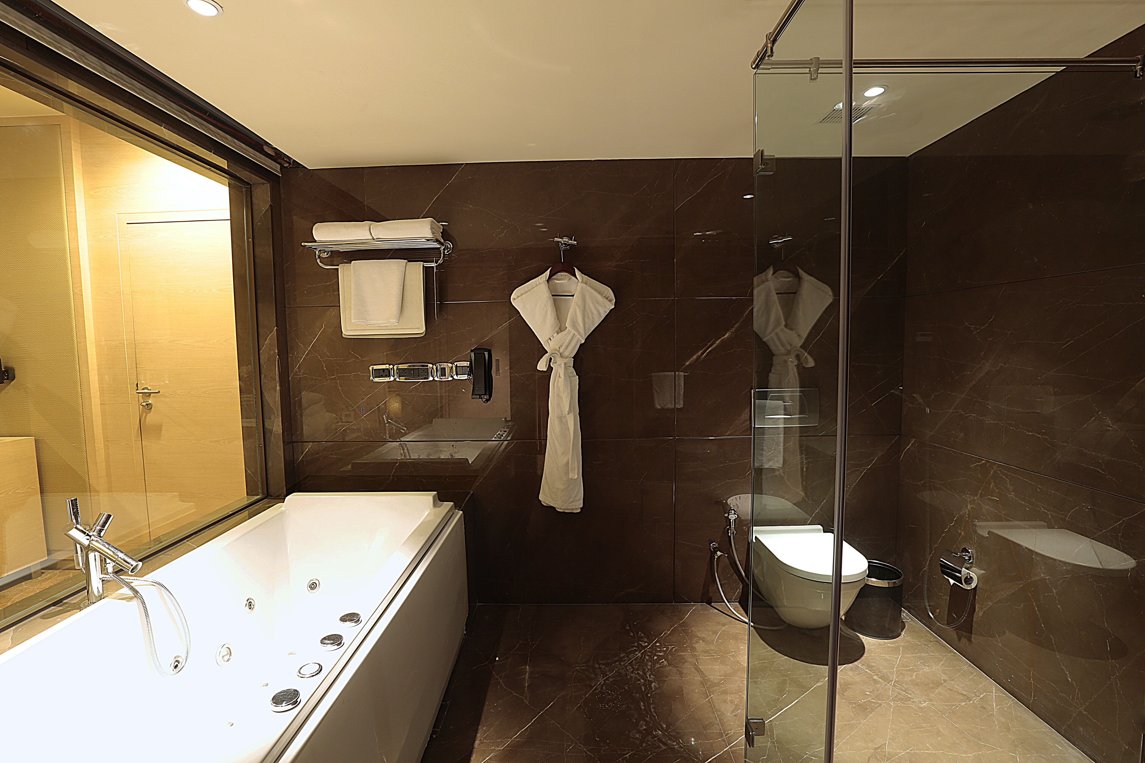 A modern bathroom with a large bathtub, a glass-enclosed shower, and a toilet.