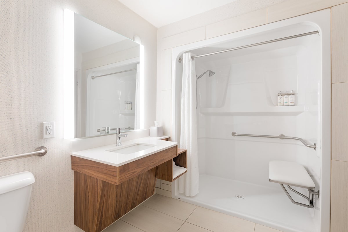 A modern bathroom with a shower, a sink, and a mirror.
