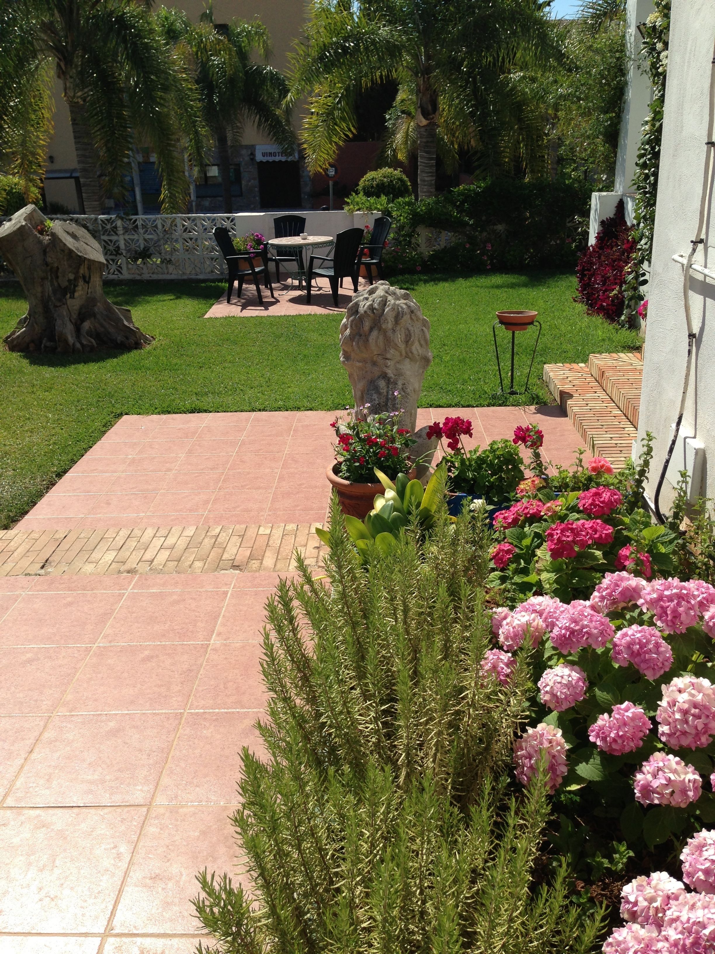 A courtyard with a stone lion statue, potted plants, and a brick pathway.