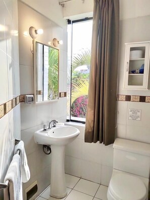A bathroom with a sink, mirror, toilet, and a window with a view of greenery.