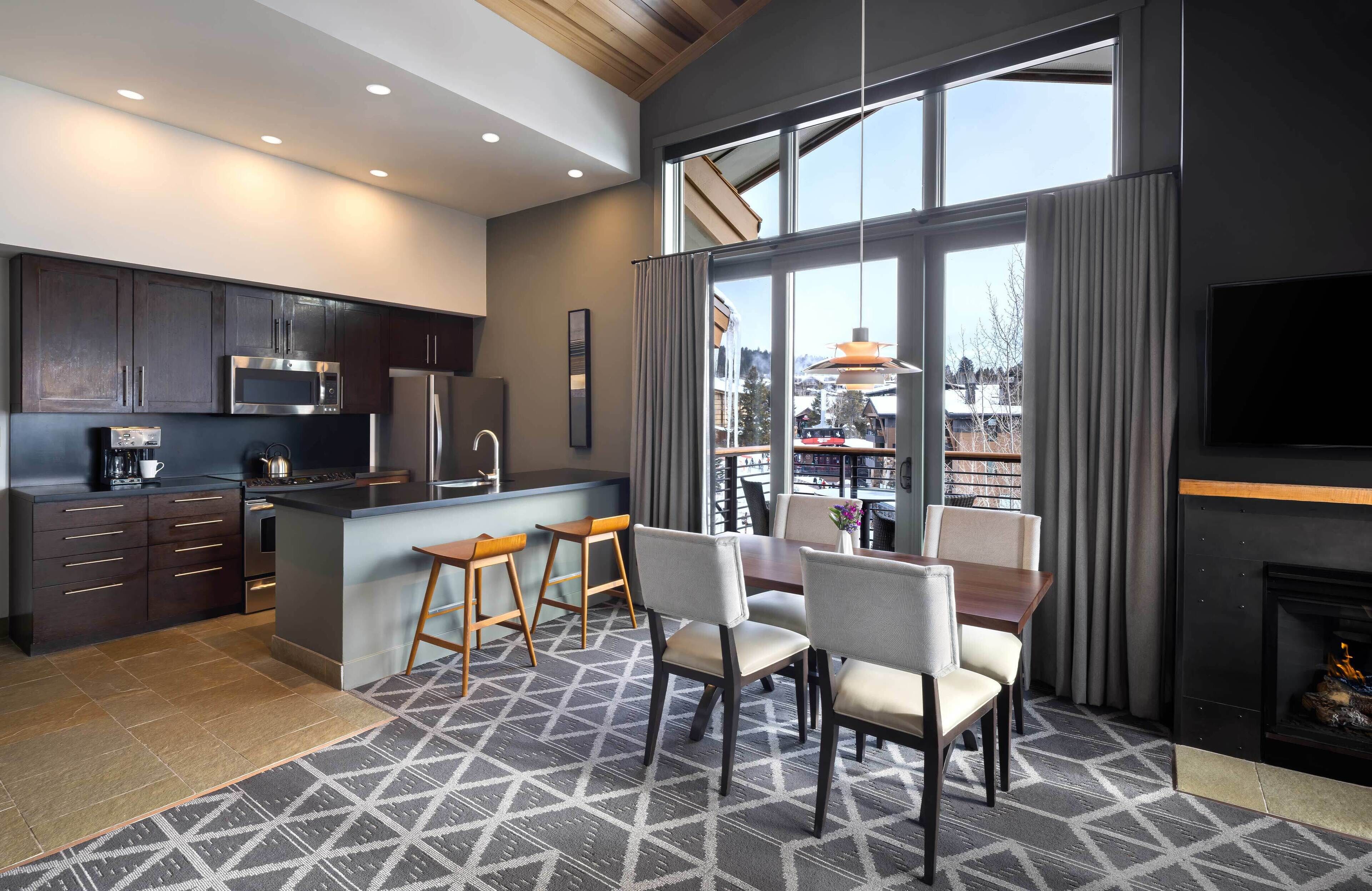 A modern kitchen with dark cabinets, stainless steel appliances, and a large window overlooking a cityscape.