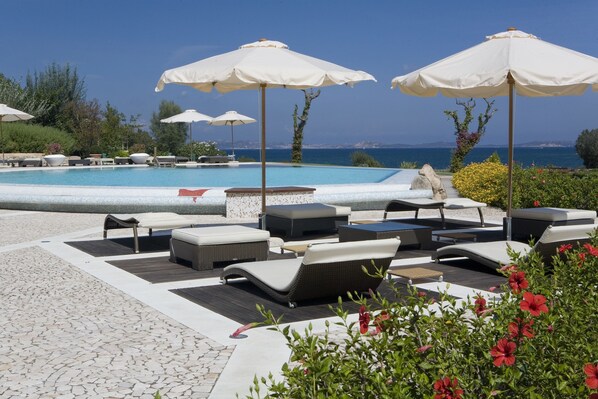 Outdoor pool, pool umbrellas, pool loungers