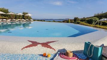 Outdoor pool, pool umbrellas, pool loungers