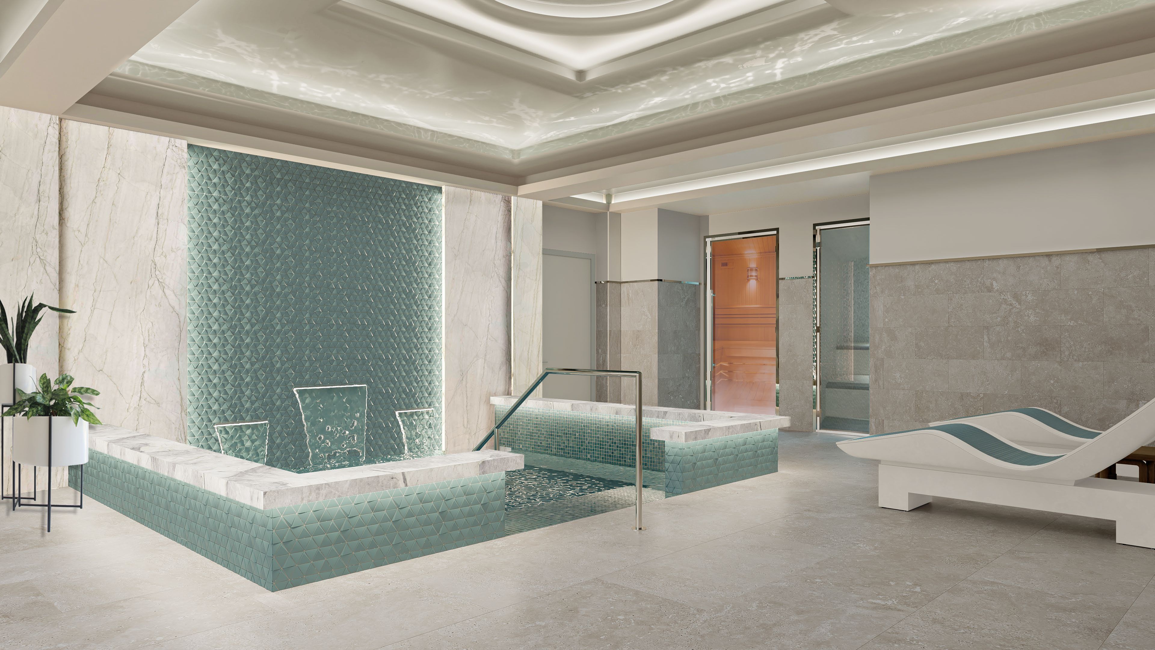 Uma área de spa moderna com uma parede grande, assentos e espaço para chuveiro.