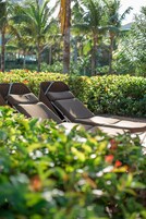 Un área junto a la piscina con sillones de descanso y palmeras.