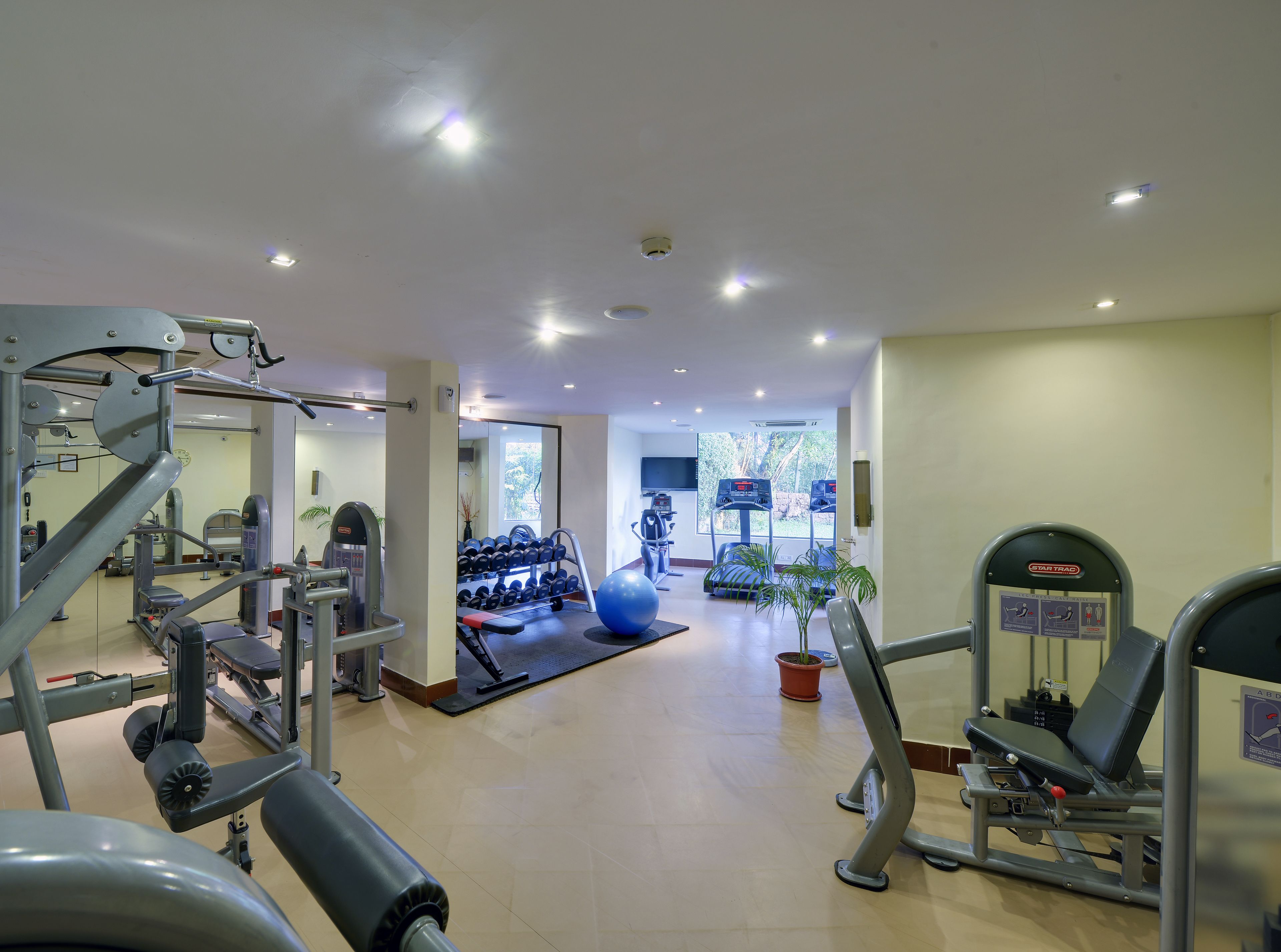 Ein Fitnessstudio mit verschiedenen Trainingsgeräten, Laufband und einer Spiegelwand.
