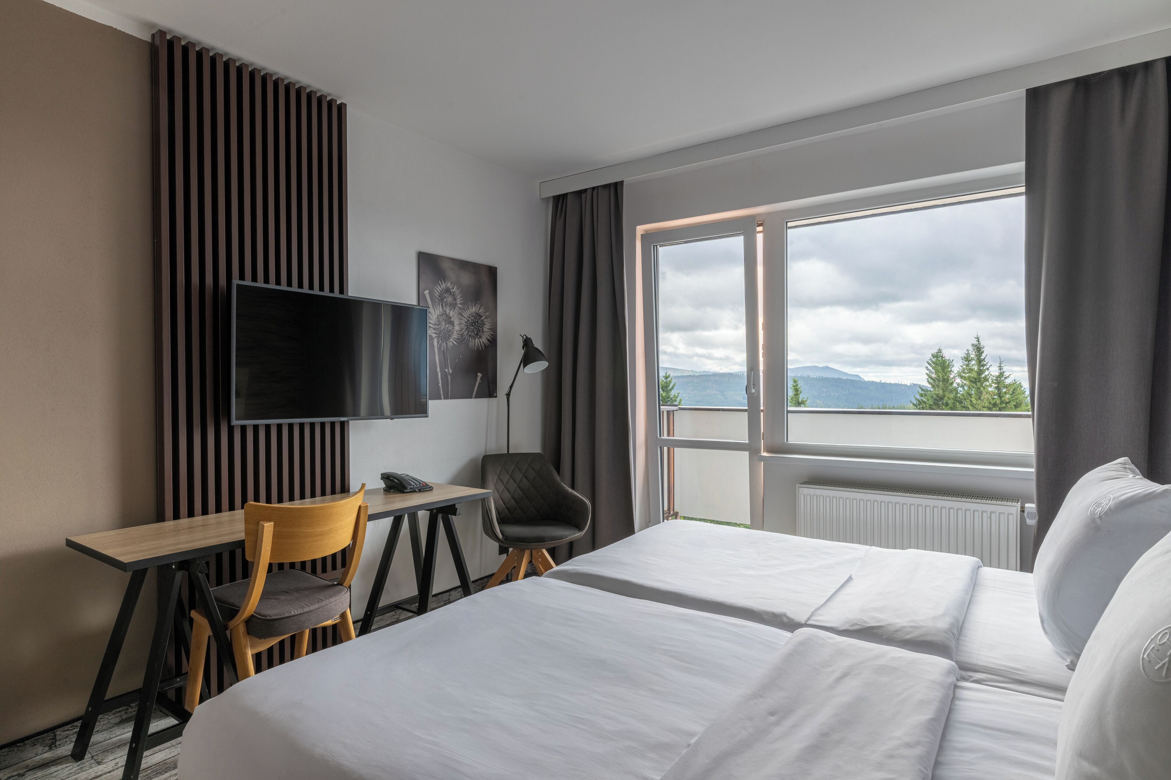 A hotel room with a bed, a desk, a chair, a TV, and a window with a view of the mountains.
