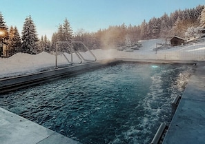 A swimming pool with a metal ladder, surrounded by snow-covered trees and a wooden building.