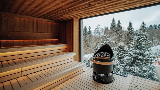 Una sauna de madera con un banco y un hogar, con vistas a un bosque nevado.