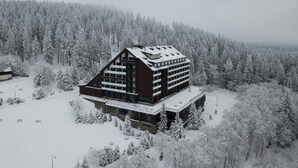 Un edificio moderno con techo inclinado, rodeado por un bosque nevado.