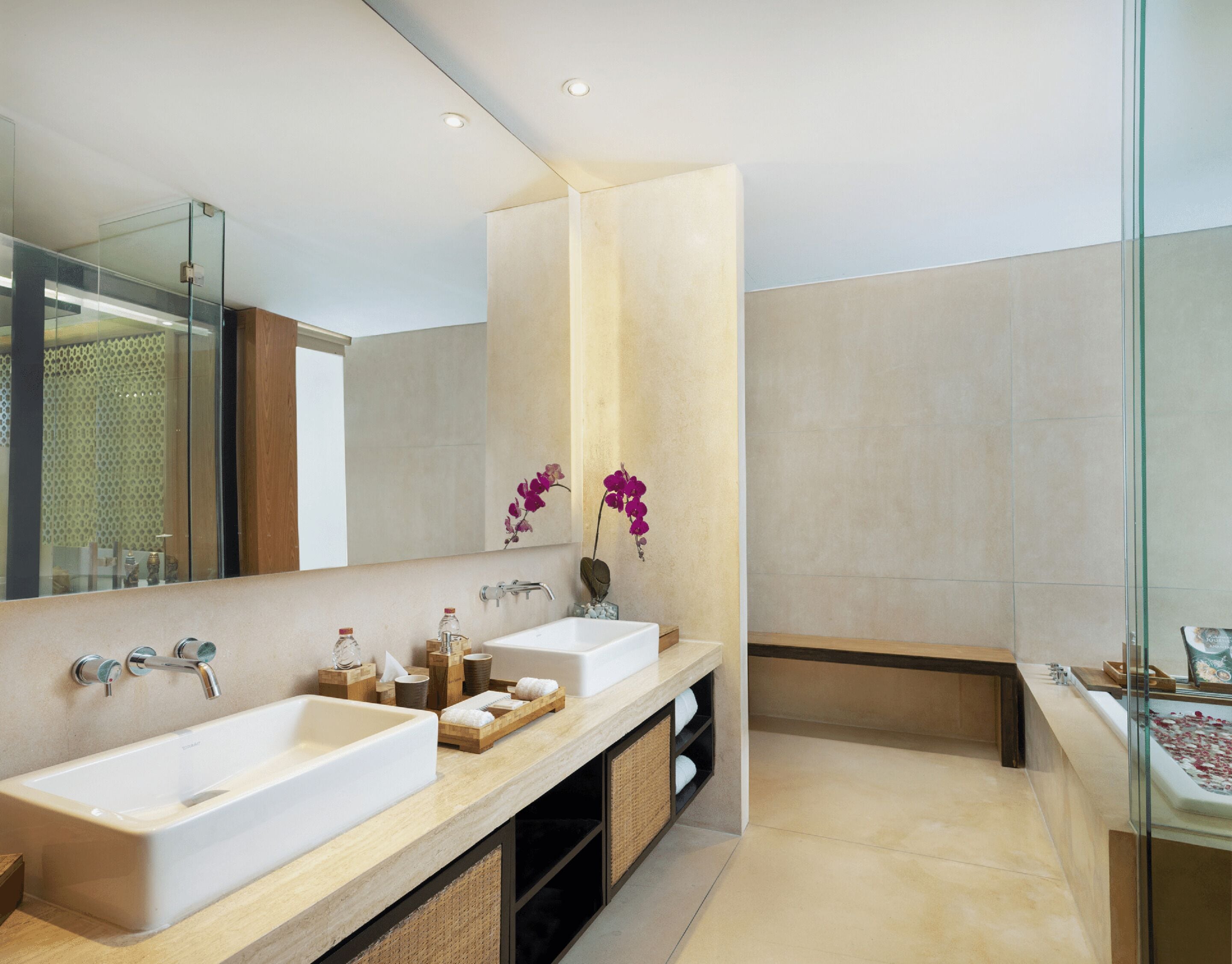 separate bathtub and shower, deep-soaking bathtub, rainfall showerhead