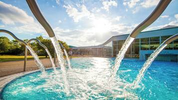 Indoor pool, outdoor pool, open 10 AM to 10 PM, pool loungers