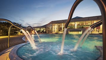 Indoor pool, outdoor pool, open 10 AM to 10 PM, pool loungers