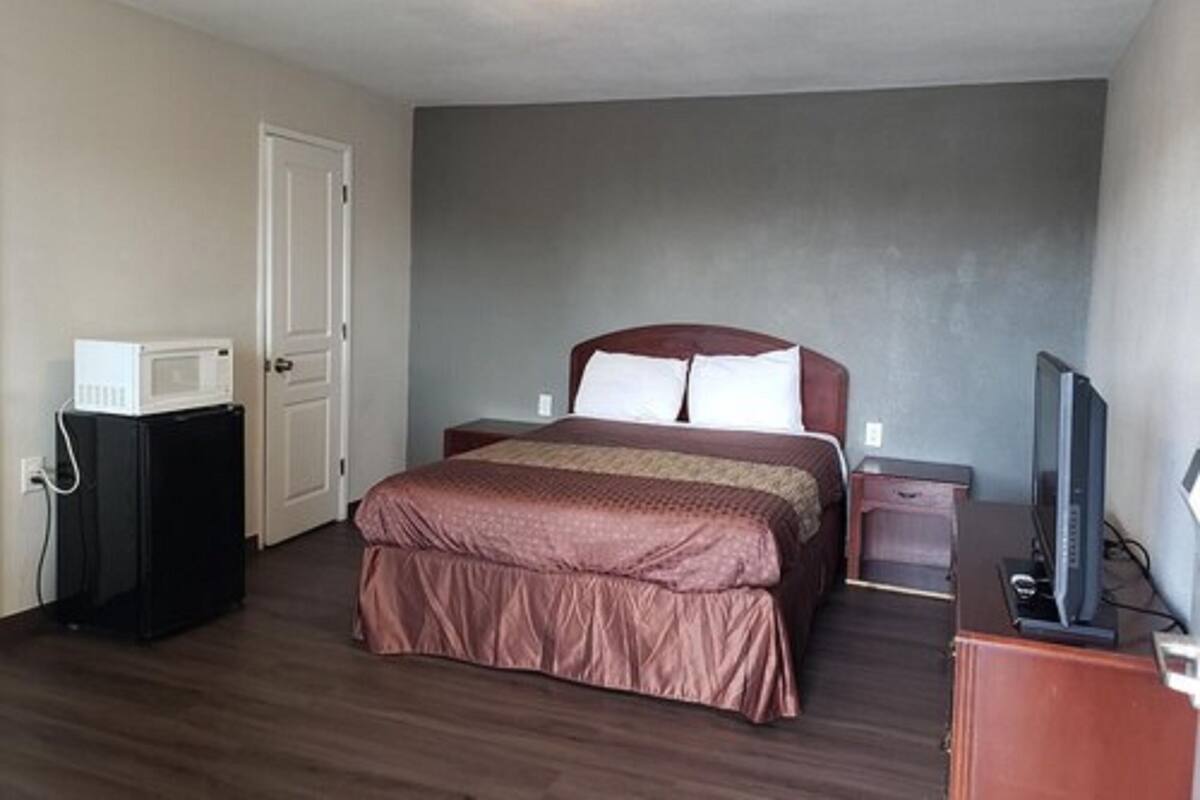 A hotel room with a bed, a television, a microwave, and a desk.