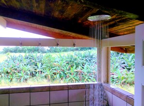 Una habitación con vistas a un exuberante follaje, suelo de baldosas y techo de madera.