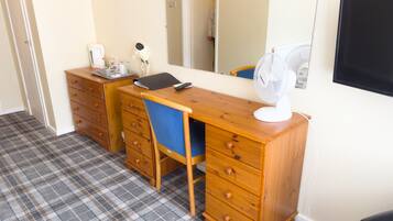 A room with a wooden desk, a chair, a mirror, a fan, and a television.