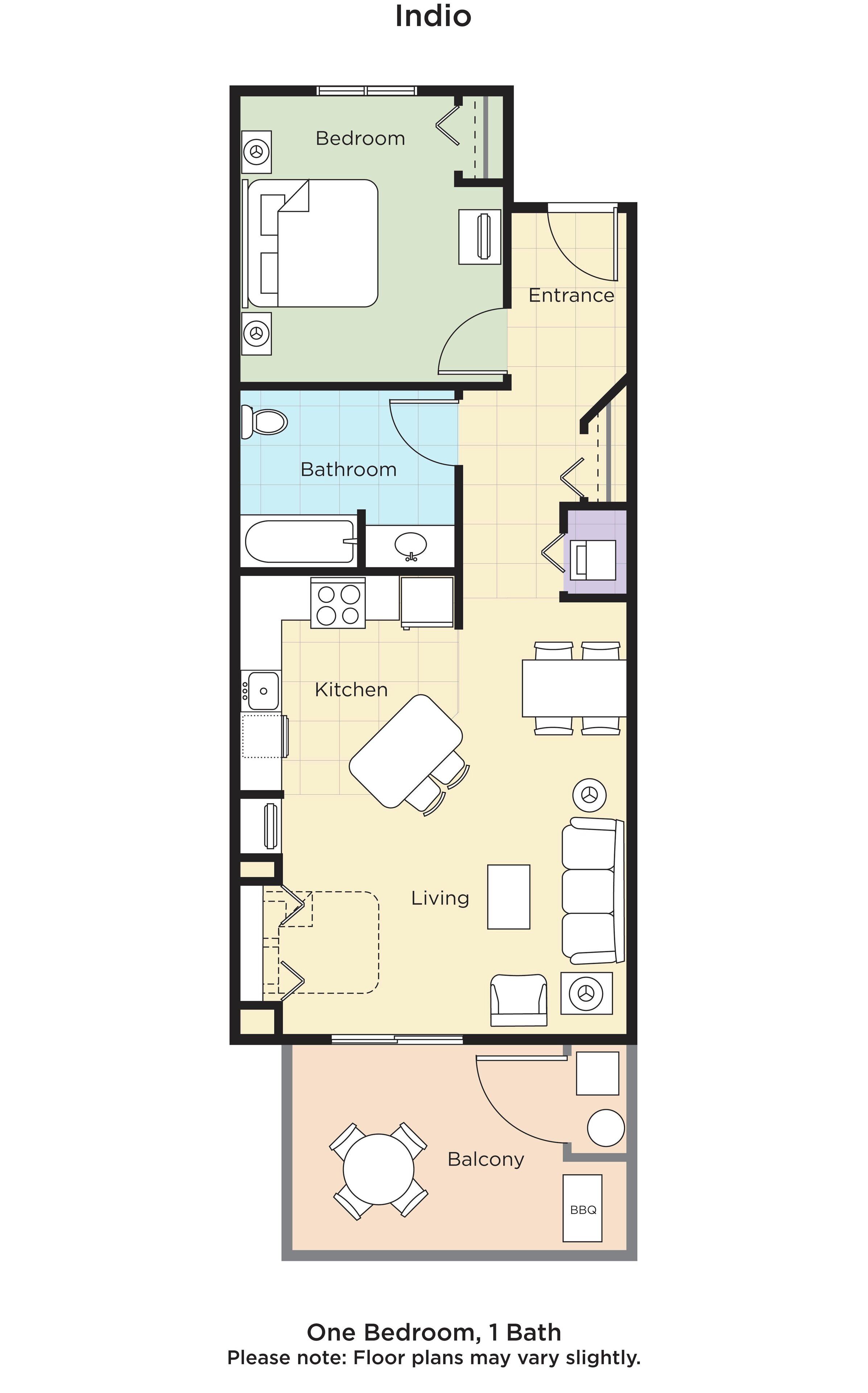 Een plattegrond van een appartement met één slaapkamer en één badkamer, inclusief een balkon.
