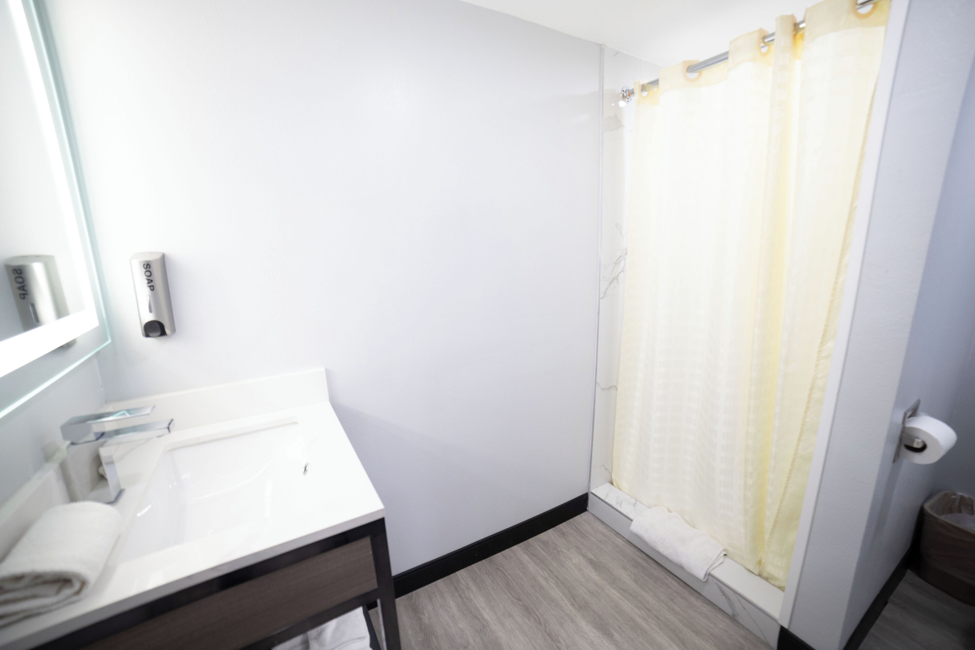 A bathroom with a white sink, a mirror, a soap dispenser, a shower curtain, and a toilet paper holder.