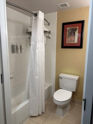 Een badkamer met een douche, toilet en een ingelijste foto aan de muur.