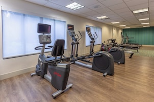 Academia com equipamentos de cardio, máquinas de musculação e esteira.