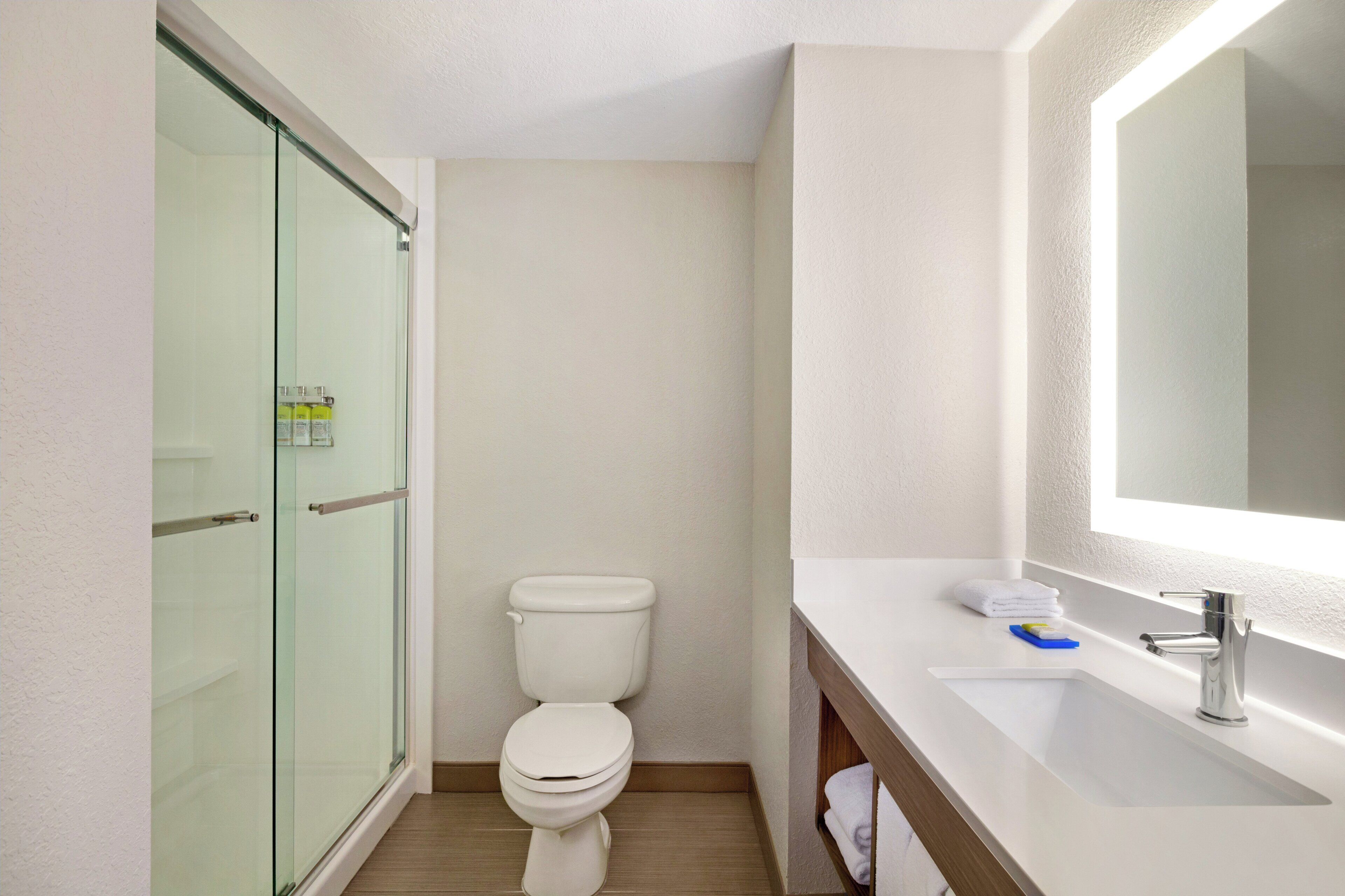 A modern bathroom with a glass shower enclosure, a white toilet, and a vanity with a mirror.