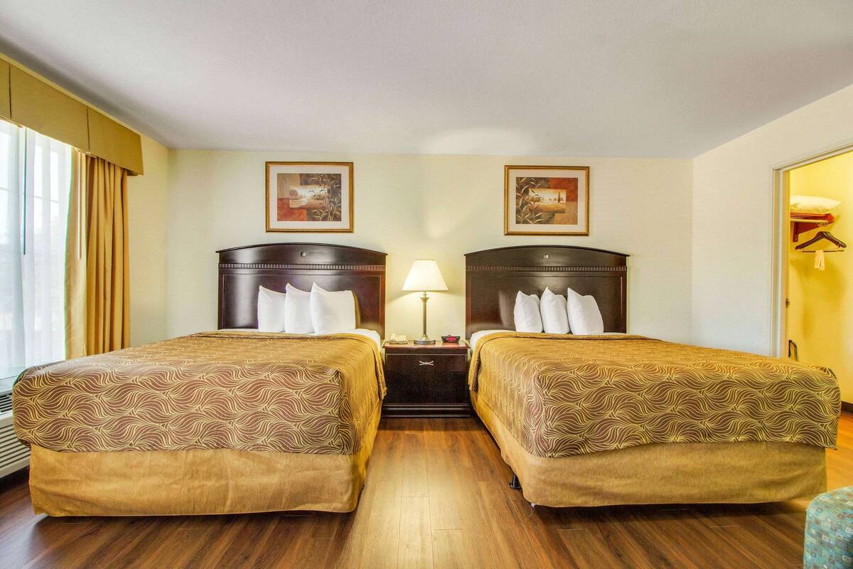 A hotel room with two beds, a nightstand, a lamp, and two framed pictures on the wall.