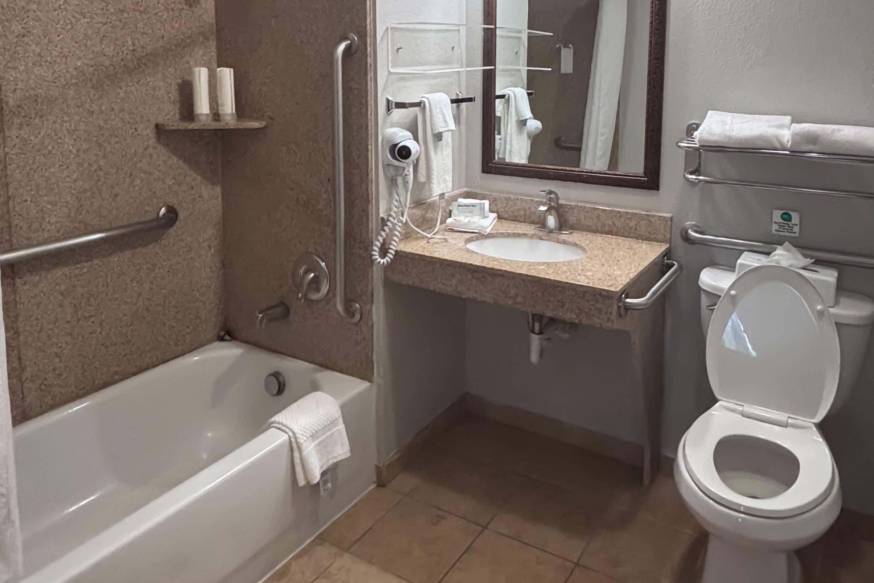 Une salle de bain avec une baignoire, un lavabo, des toilettes et un miroir.