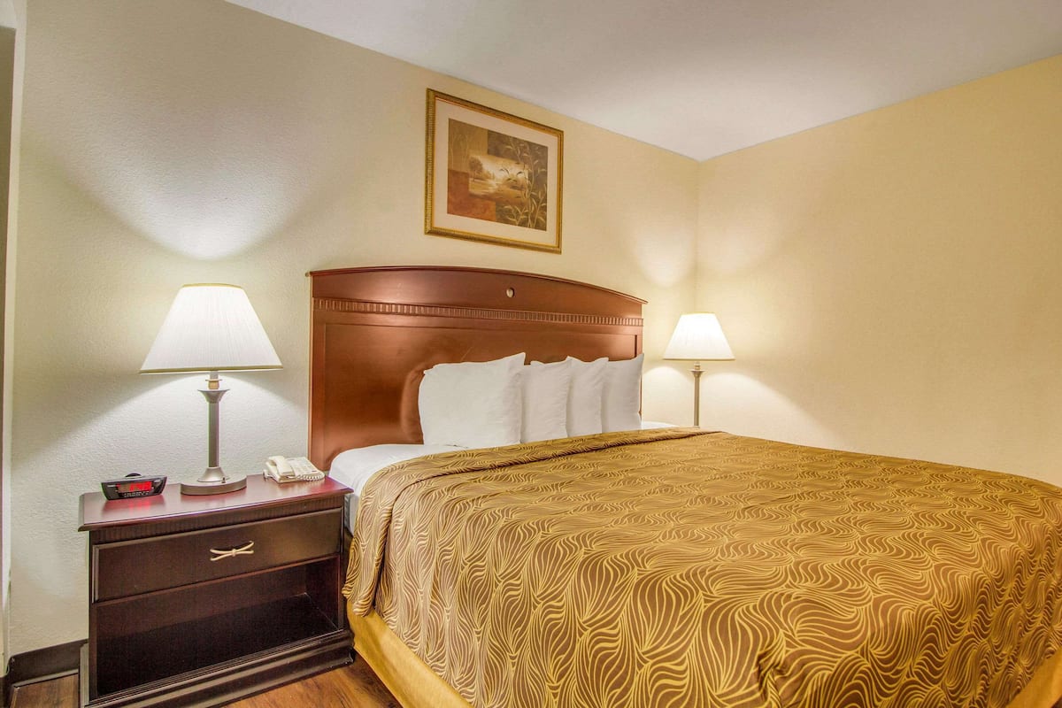 A hotel room with a large bed, two bedside tables with lamps, a nightstand with a phone and a clock, and a framed picture on the wall.