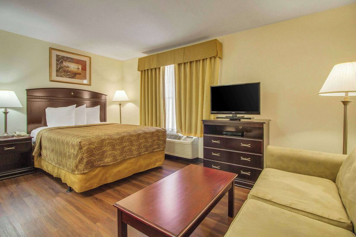 A hotel room with a bed, a television, a desk, a chair, and a dresser.
