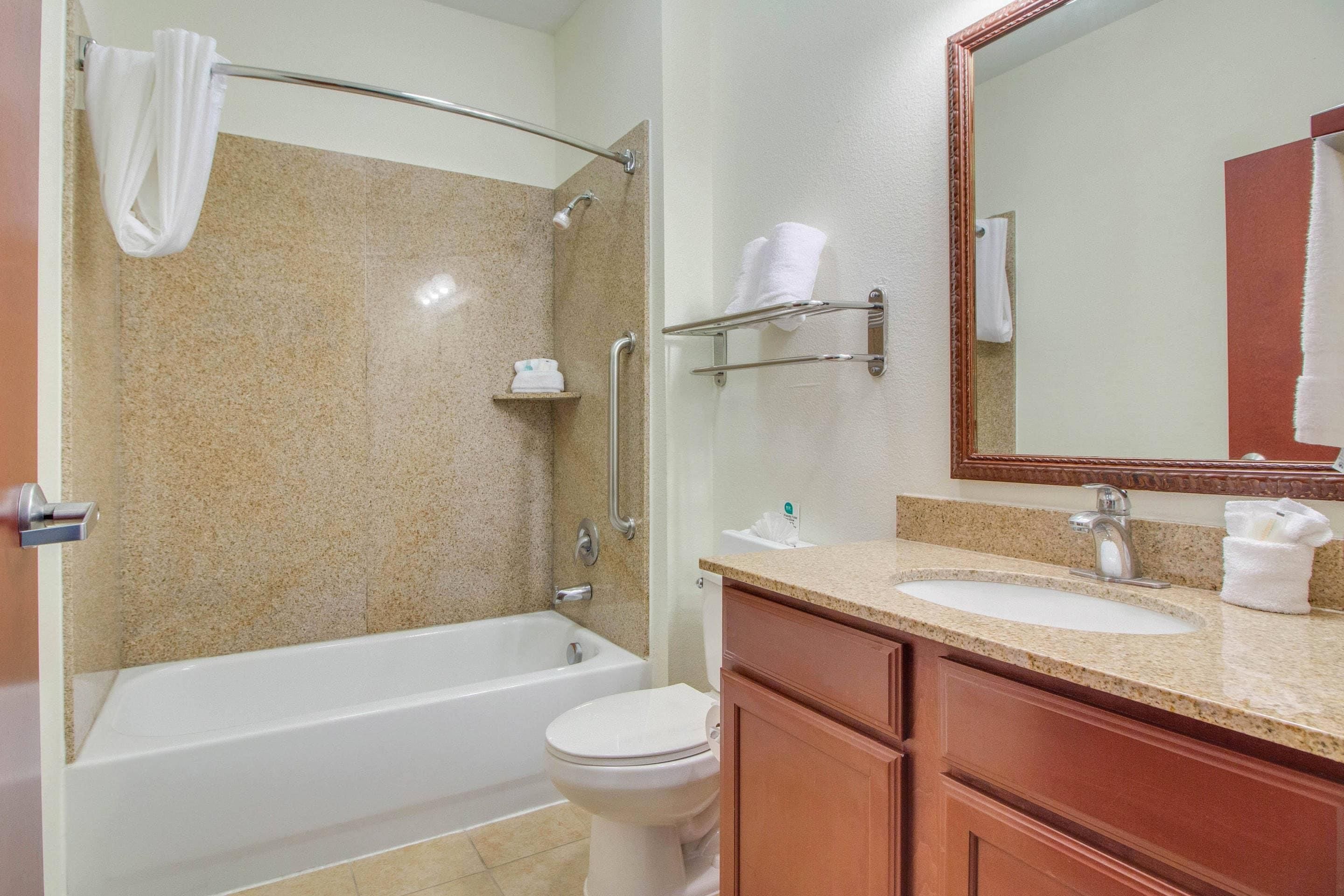 Un baño con bañera, inodoro, lavabo y espejo.