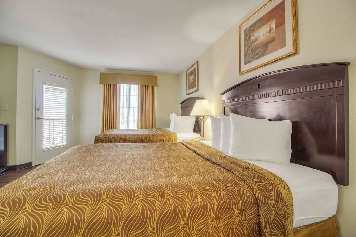 A hotel room with a large bed, a bedside table with a lamp, a window with curtains, and a framed picture on the wall.