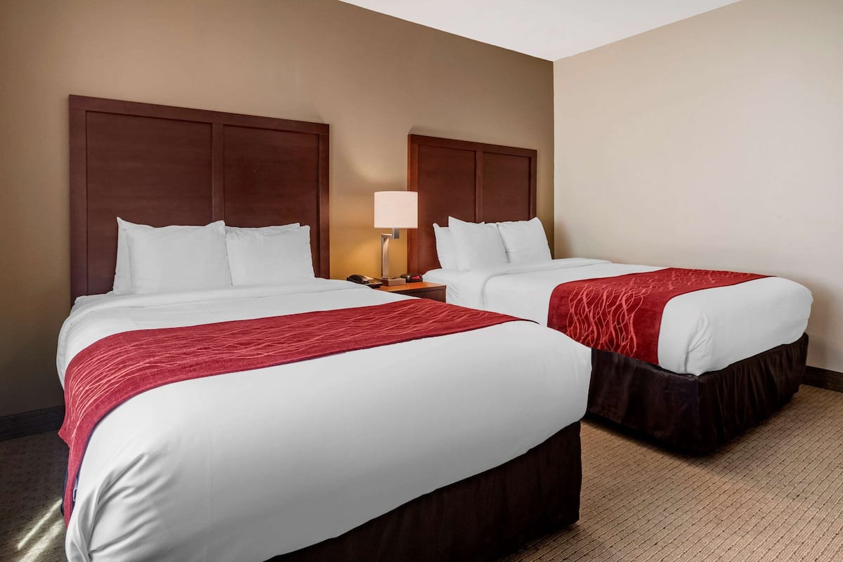 A hotel room with two beds, each with a wooden headboard, white bedding, and a red throw blanket. There is a nightstand with a lamp between the beds.