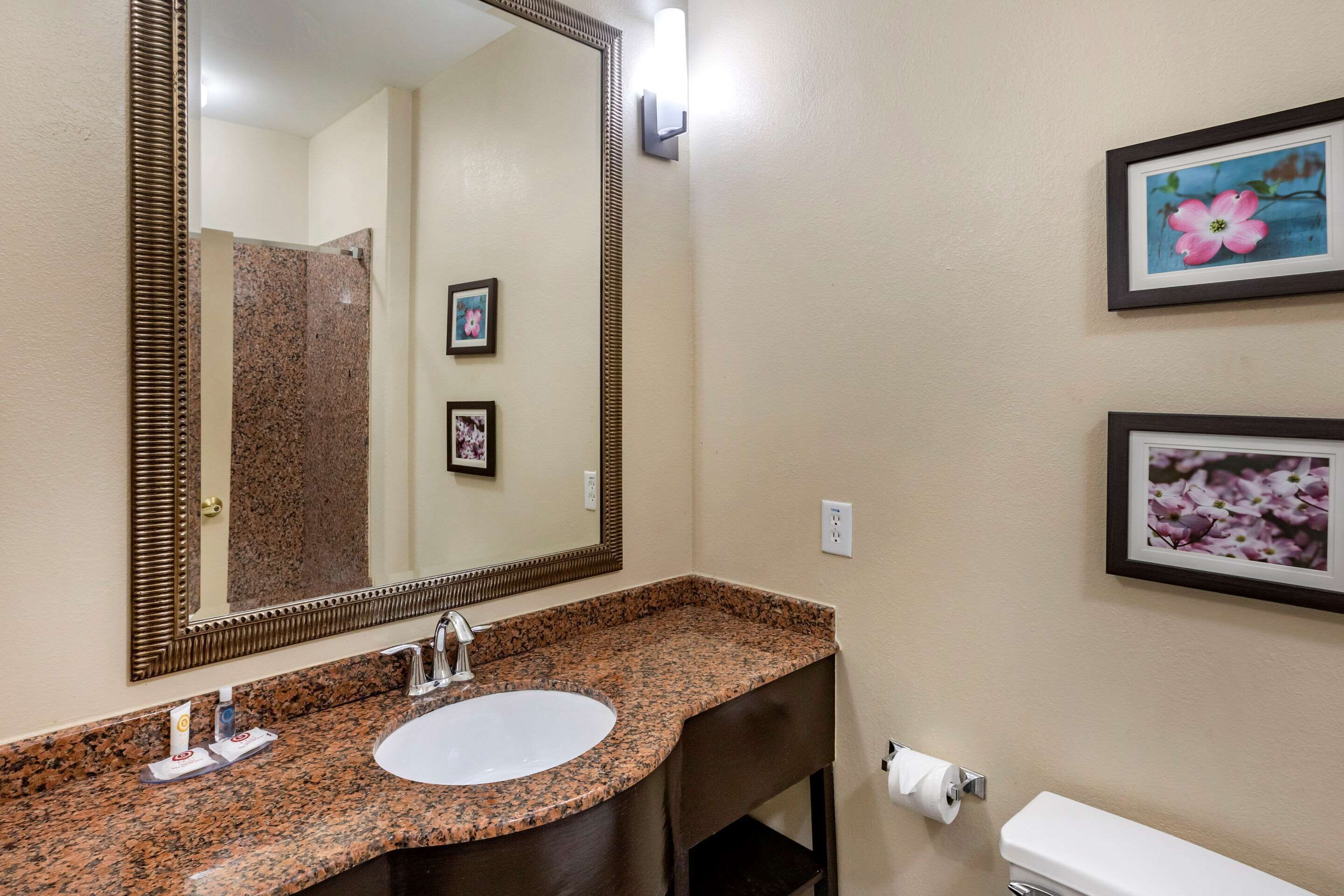 A bathroom with a granite countertop sink, a large mirror, and framed pictures on the wall.