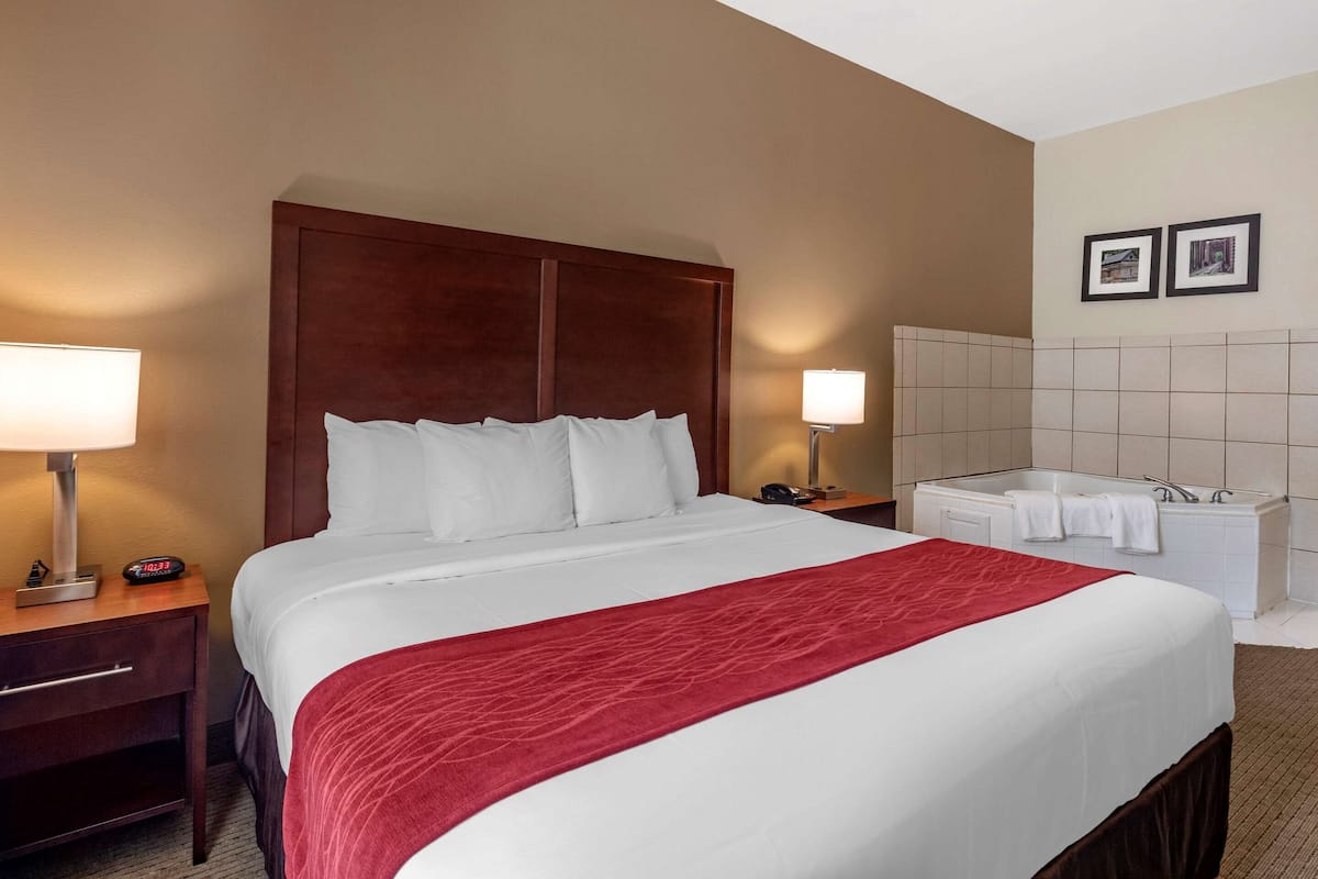 A hotel room with a large bed, a nightstand with a lamp, a digital clock, a bathroom with a bathtub, and two framed pictures on the wall.